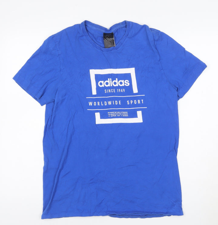 adidas Men Blue Cotton Graphic Print Short Sleeve T-Shirt Size S