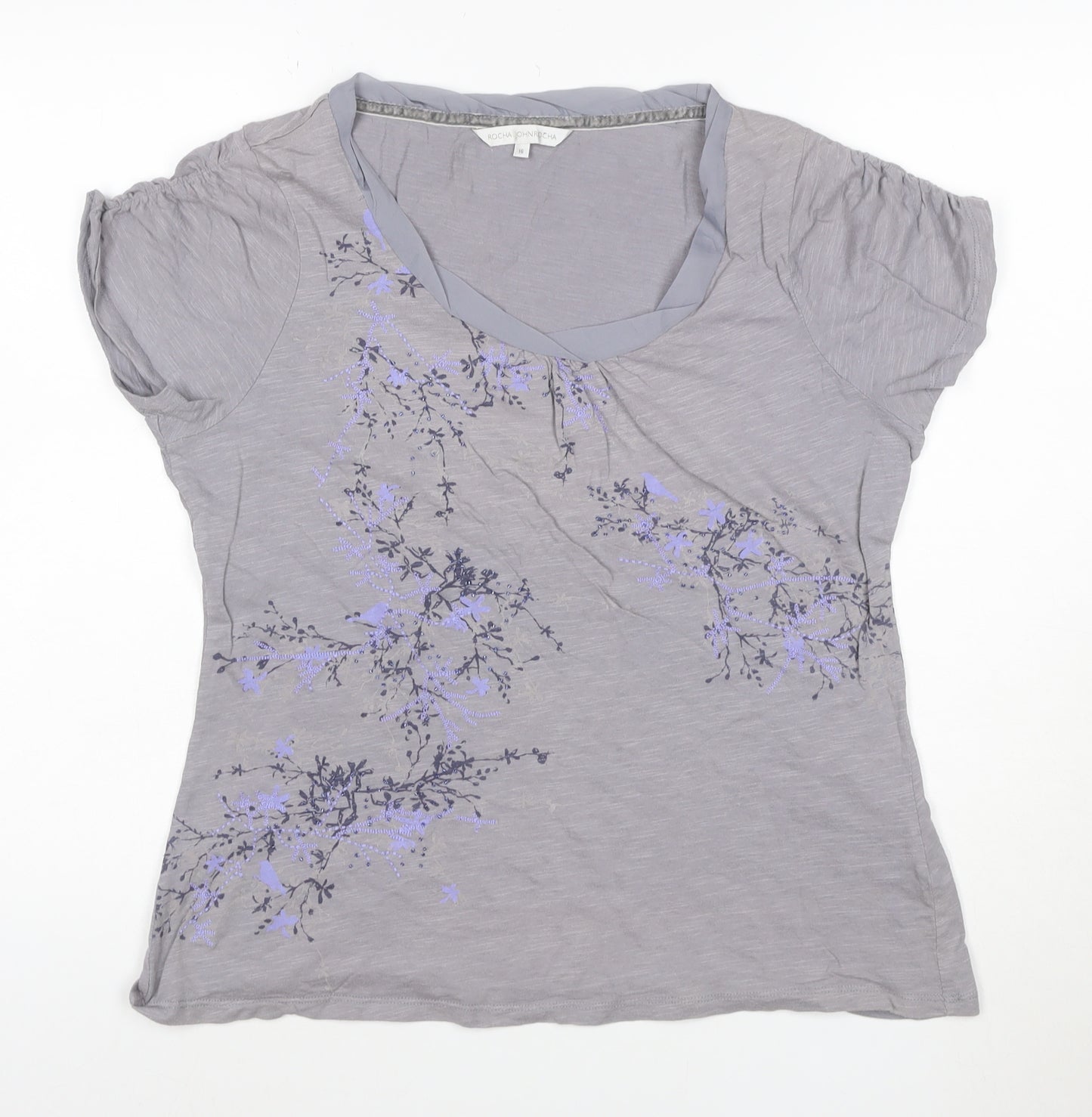 Rocha John Rocha Women's Grey Embroidered Floral T-Shirt Size 16