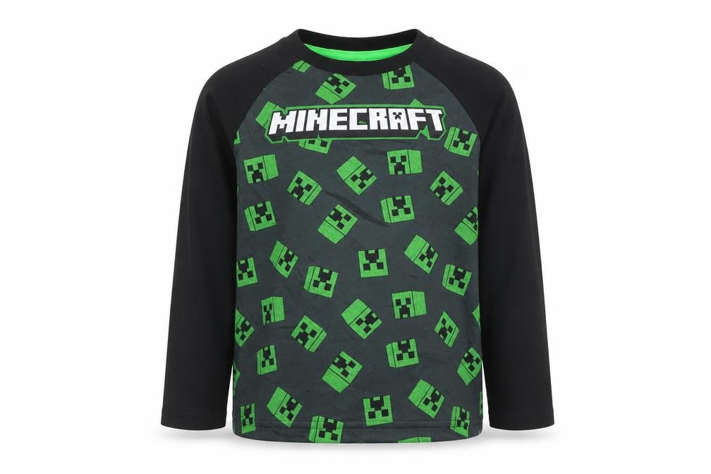 Front view of Minecraft boys’ black long sleeve creeper graphic polyester t-shirt 7-8 years