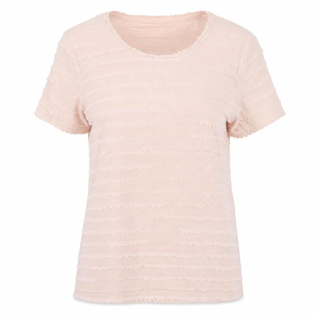 Front view of Vero Moda women’s pink short sleeve ruffle jersey t-shirt m
