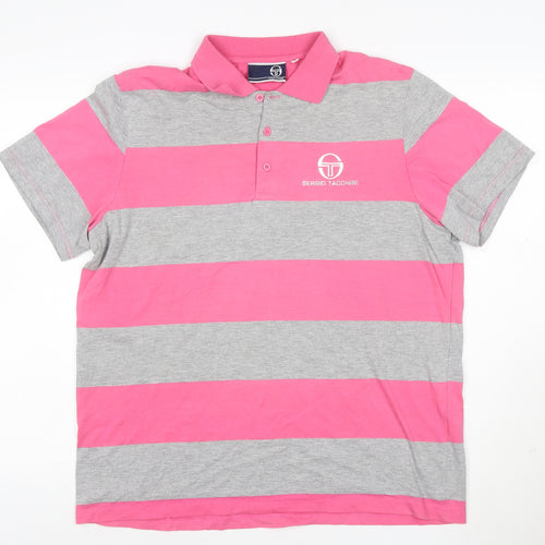 Sergio Tacchini Men's Pink Grey Striped Polo Shirt Size L