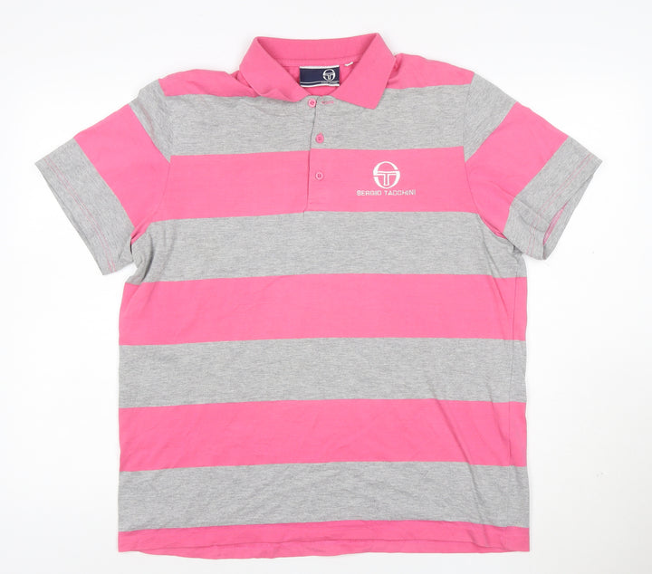 Sergio Tacchini Men's Pink Grey Striped Polo Shirt Size L