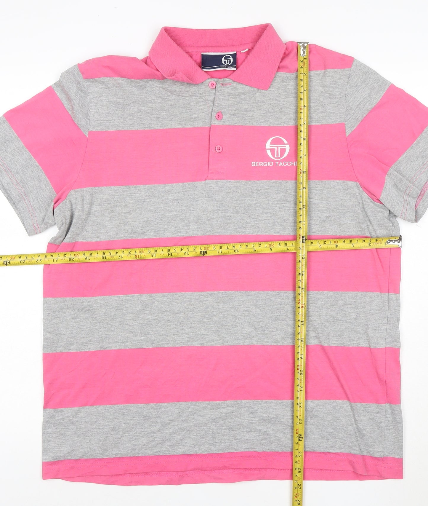 Sergio Tacchini Men's Pink Grey Striped Polo Shirt Size L