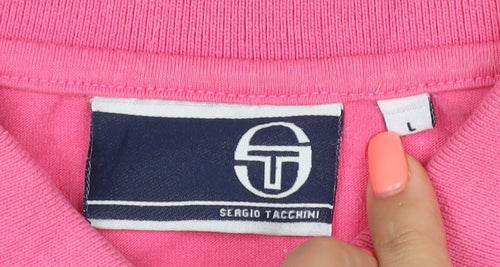 Sergio Tacchini Men's Pink Grey Striped Polo Shirt Size L