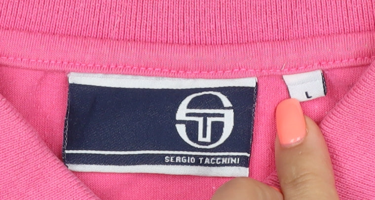 Sergio Tacchini Men's Pink Grey Striped Polo Shirt Size L