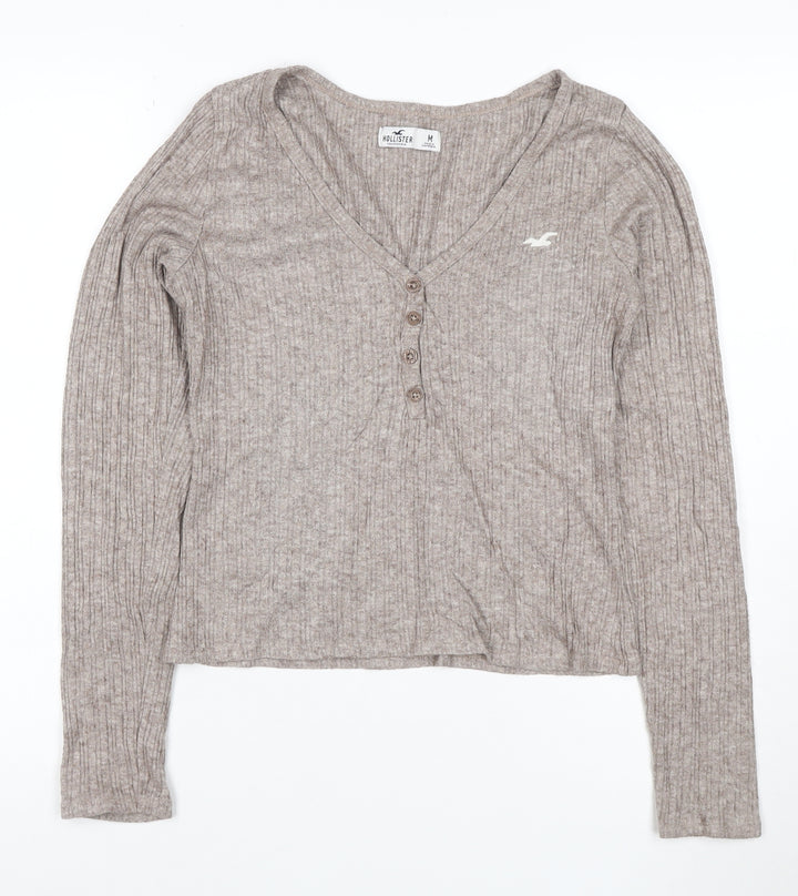 Hollister Women Beige Ribbed V-Neck Henley Long Sleeve Top Size M