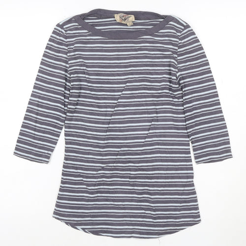 Arabella & Addison Women Grey Striped 3/4 Sleeve Cotton T-Shirt L