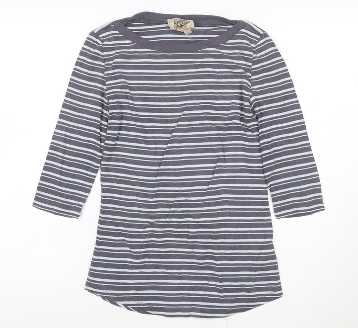 Arabella & Addison Women Grey Striped 3/4 Sleeve Cotton T-Shirt L