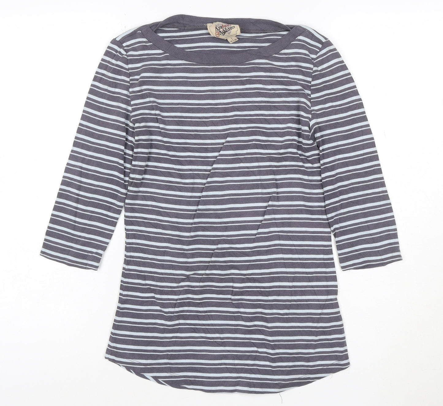 Arabella & Addison Women Grey Striped 3/4 Sleeve Cotton T-Shirt L