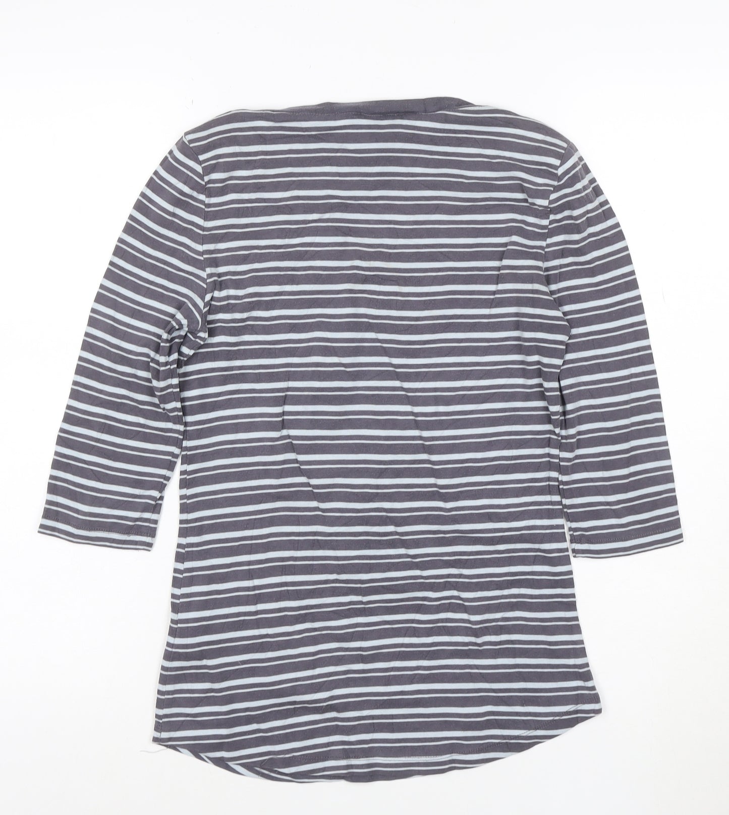 Arabella & Addison Women Grey Striped 3/4 Sleeve Cotton T-Shirt L