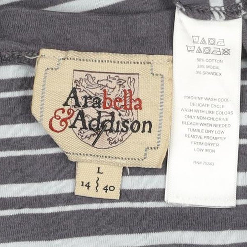 Arabella & Addison Women Grey Striped 3/4 Sleeve Cotton T-Shirt L