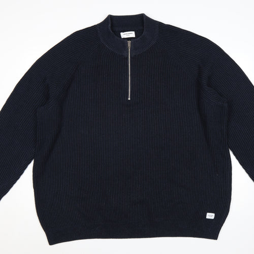 Jack & Jones Men’s Blue 3XL 1/2 Zip Chunky-Knit Mock Neck Jumper
