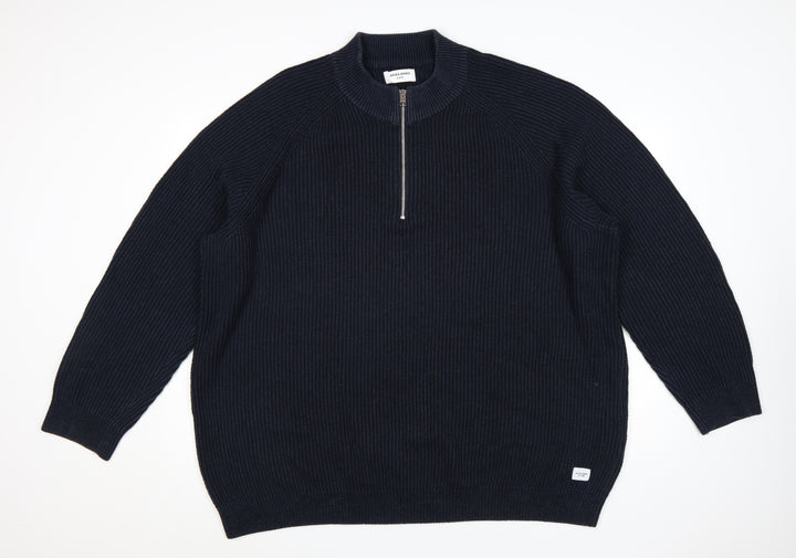 Jack & Jones Men’s Blue 3XL 1/2 Zip Chunky-Knit Mock Neck Jumper