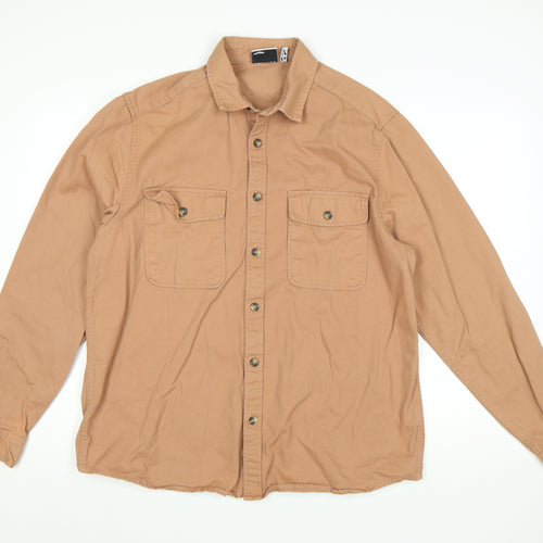 ASOS DESIGN Men's Brown Cotton Button-Up Shirt XL Long Sleeve