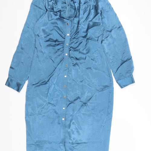 Zara Women Blue Collared Long Sleeve Ruched Midi Shirt Dress L