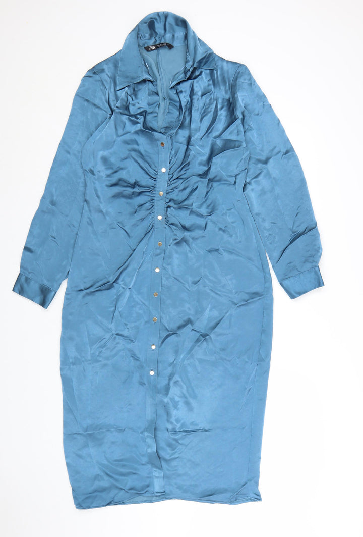 Zara Women Blue Collared Long Sleeve Ruched Midi Shirt Dress L