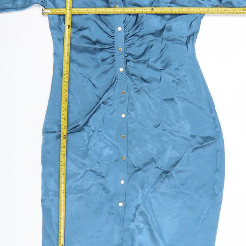 Zara Women Blue Collared Long Sleeve Ruched Midi Shirt Dress L