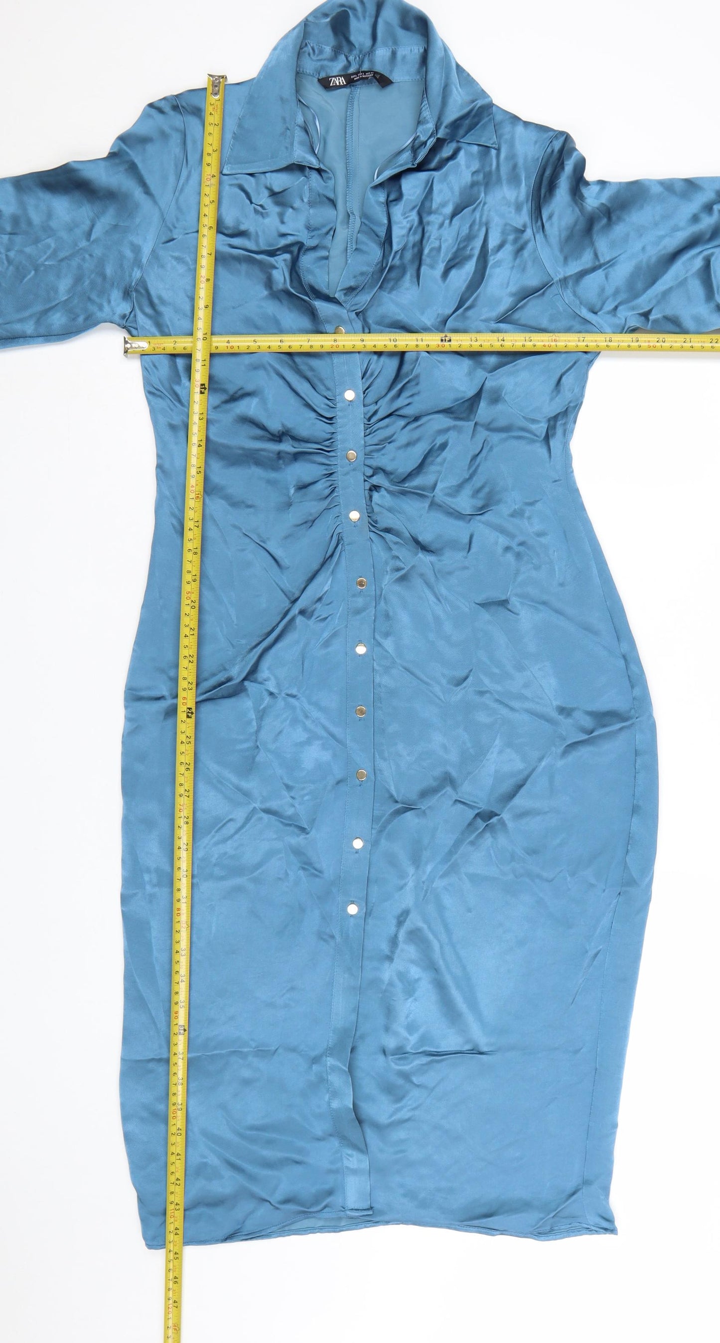 Zara Women Blue Collared Long Sleeve Ruched Midi Shirt Dress L