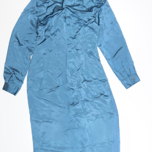 Zara Women Blue Collared Long Sleeve Ruched Midi Shirt Dress L