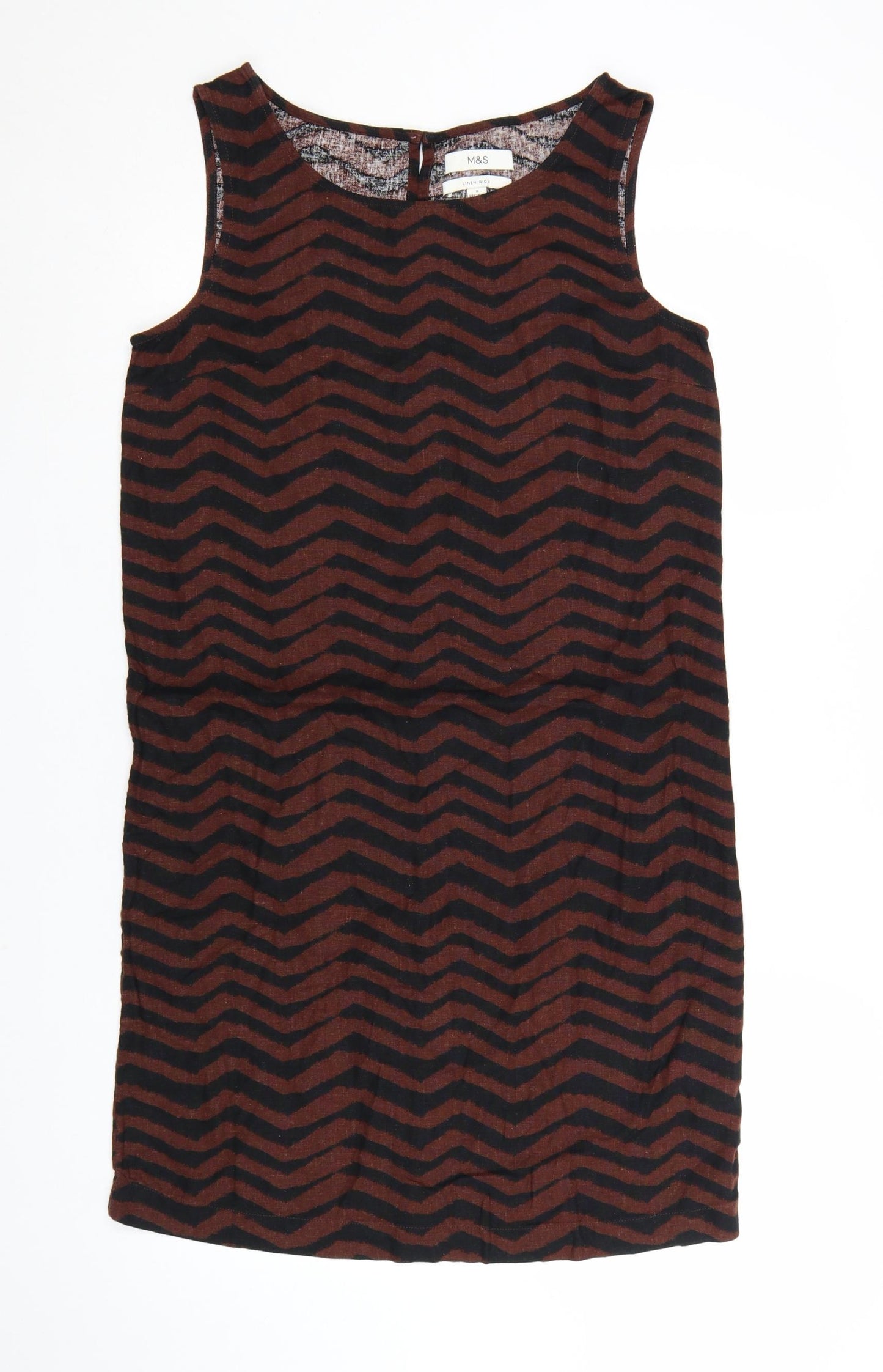 Marks and Spencer Women Brown Chevron Linen Shift Dress Size 6