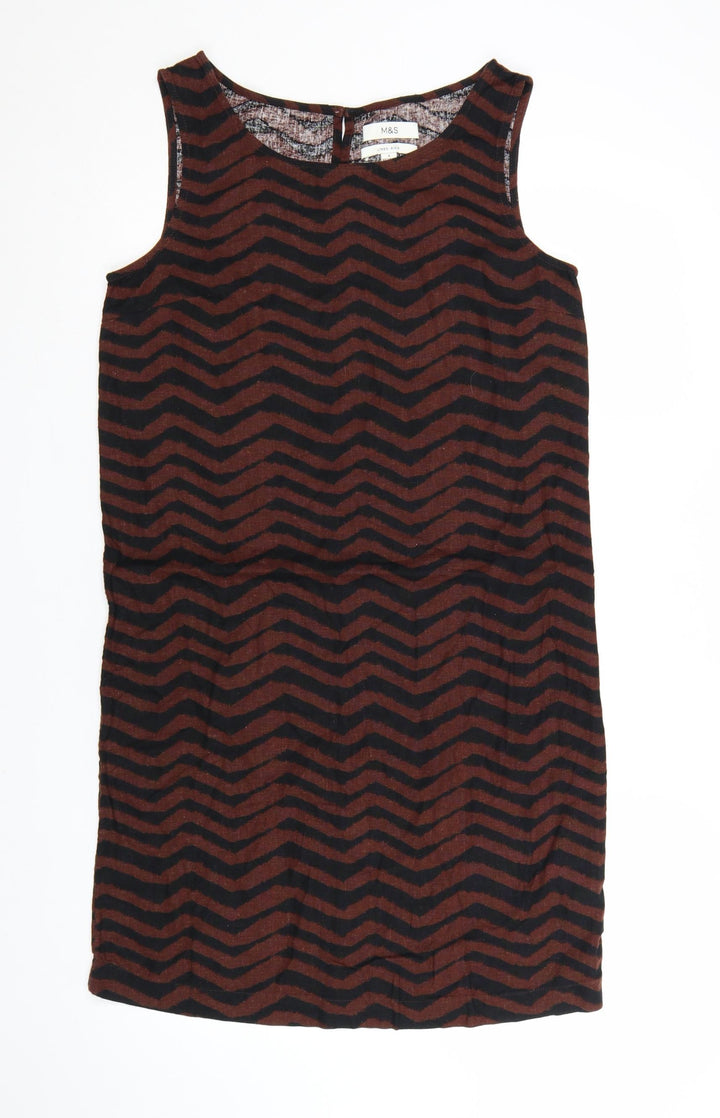 Marks and Spencer Women Brown Chevron Linen Shift Dress Size 6