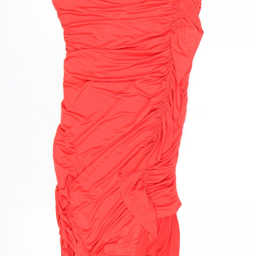 Zara Women Red One Shoulder Ruched Asymmetric Bodycon Dress Size S