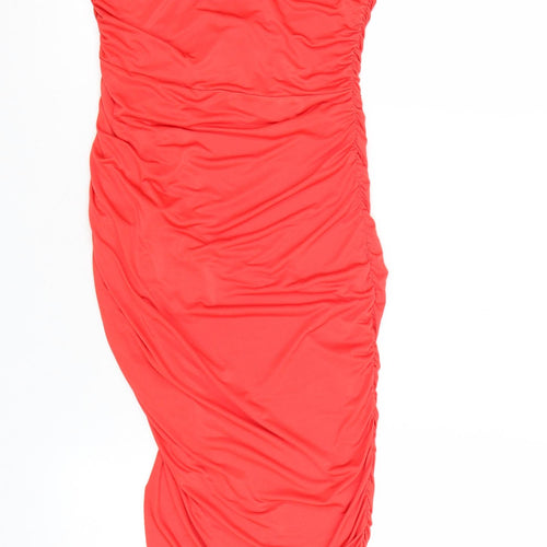 Zara Women Red One Shoulder Ruched Asymmetric Bodycon Dress Size S