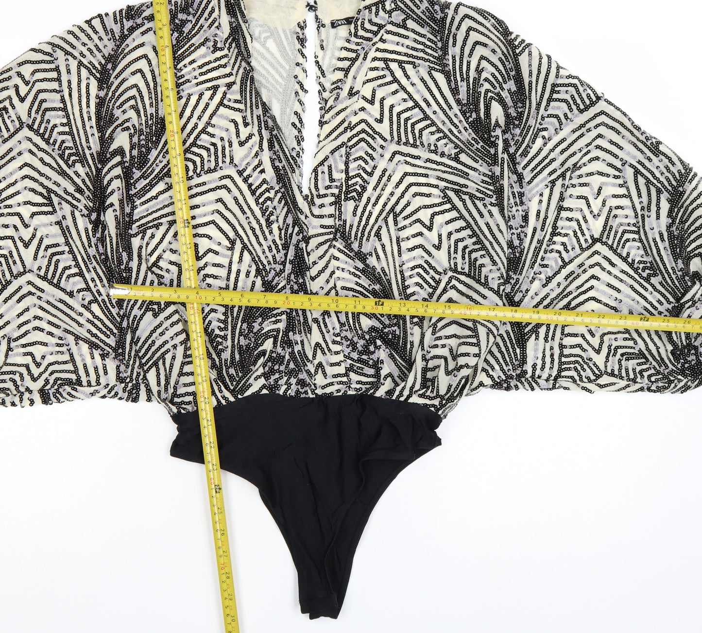 Zara Women Black & Ivory Beaded Bodysuit Size S Art Deco Style