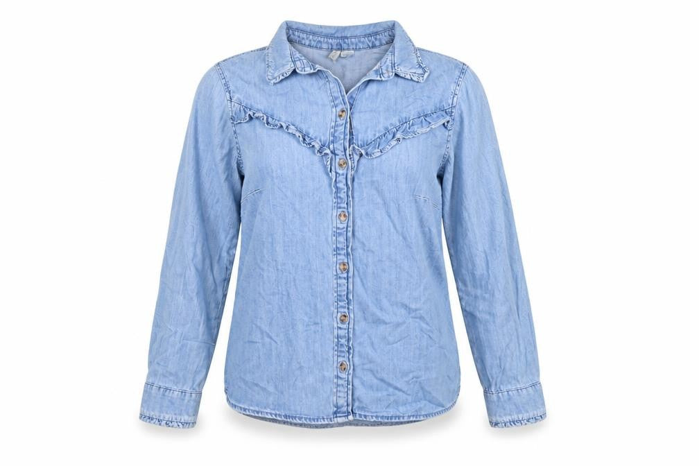Front view of H&M Divided Women’s Blue Denim Button-Up Long Sleeve Blouse, size UK 8