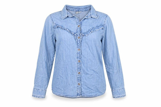 Front view of H&M Divided Women’s Blue Denim Button-Up Long Sleeve Blouse, size UK 8