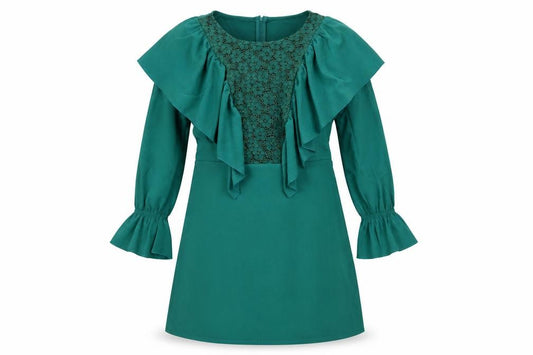 Front view of Rage women’s green a-line ruffle lace short dress, size UK 14