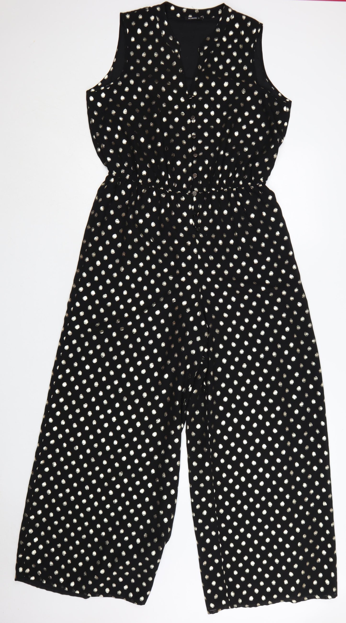 Roman Women’s Black Gold Polka Dot Sleeveless Jumpsuit Size 12