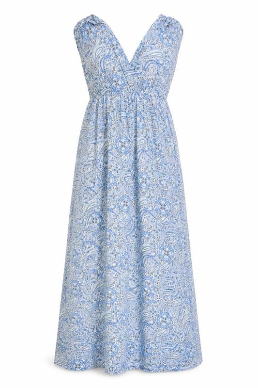 Front view of H&M Women Blue Paisley Midi Maxi Dress, size 8, Sleeveless V-Neck