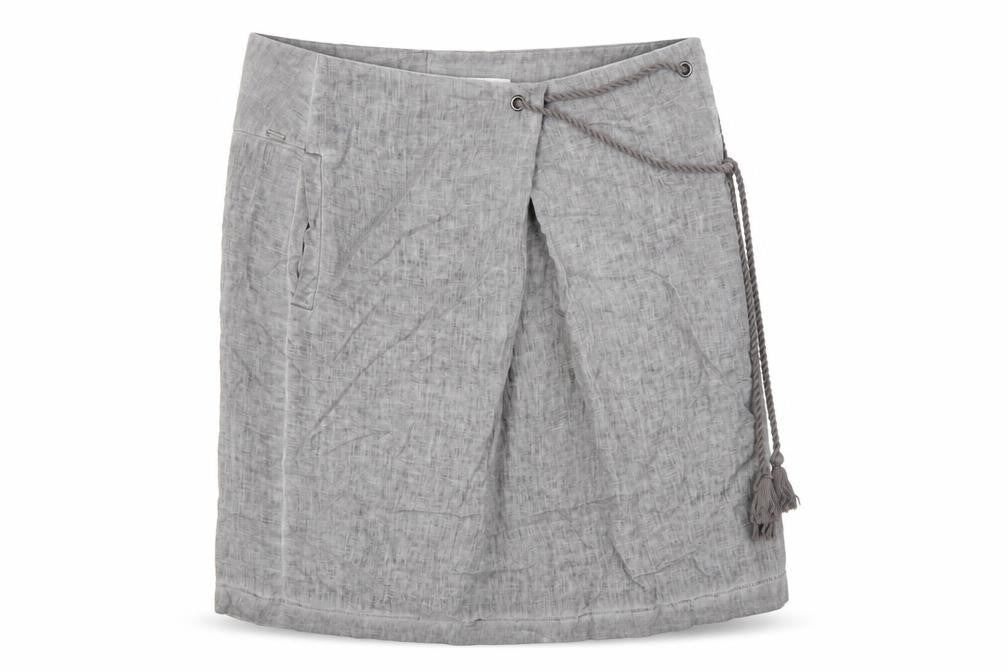 Front view of Sandwich women’s grey linen wrap skirt, size UK 14, knee length