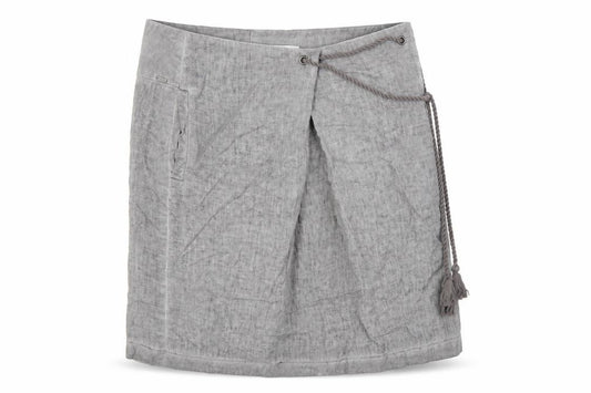 Front view of Sandwich women’s grey linen wrap skirt, size UK 14, knee length