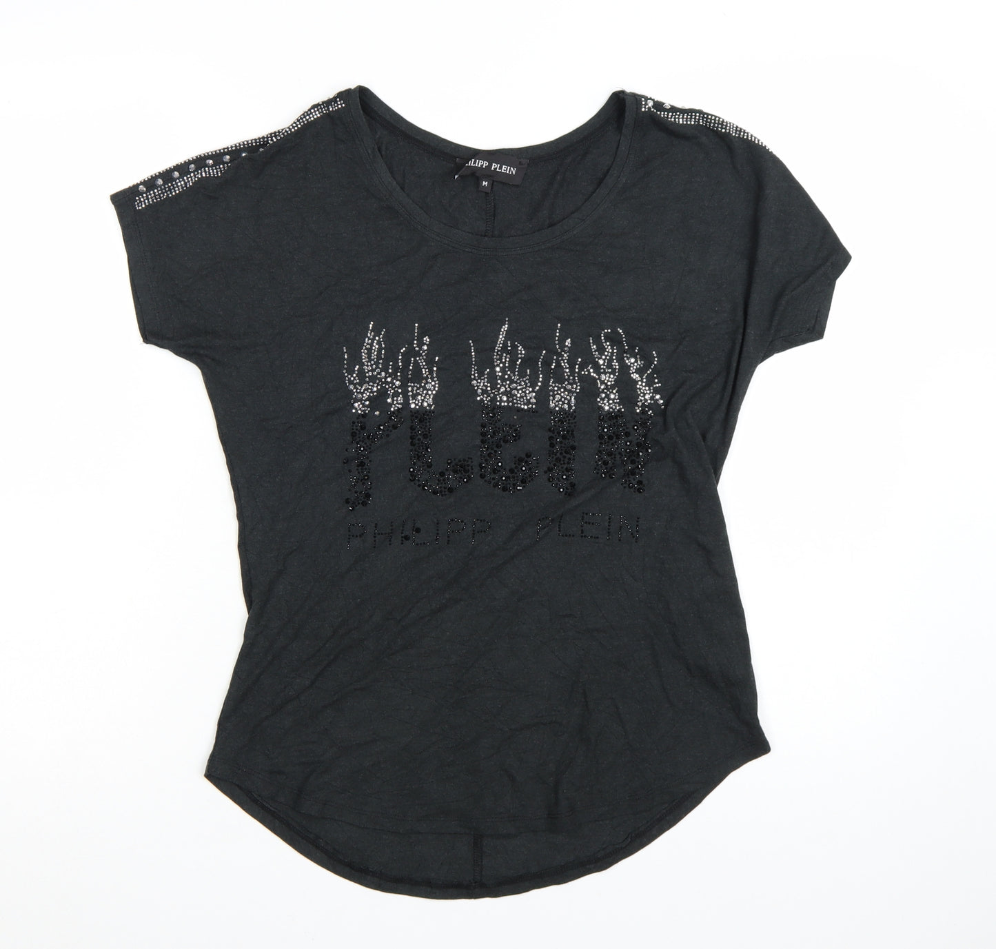 Philipp Plein Womens Black Beaded T-Shirt Size M Gothic Rock Style