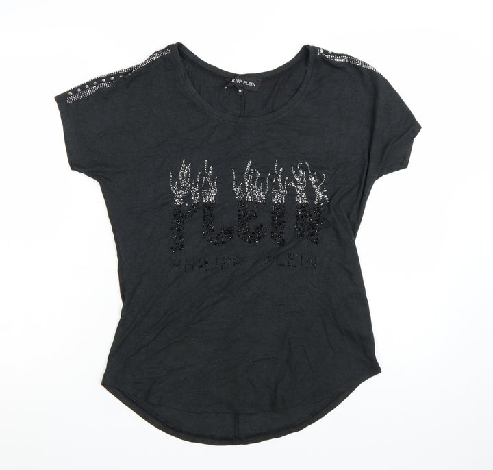 Philipp Plein Womens Black Beaded T-Shirt Size M Gothic Rock Style