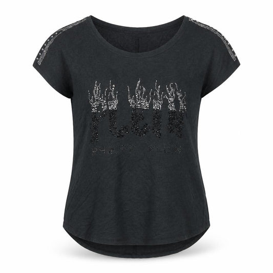 Front view of Philipp Plein women’s black beaded t-shirt, size M, gothic rock style