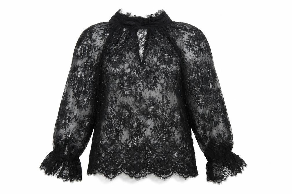 Front view of Marks & Spencer Women's Black Lace High Neck Blouse, size 6