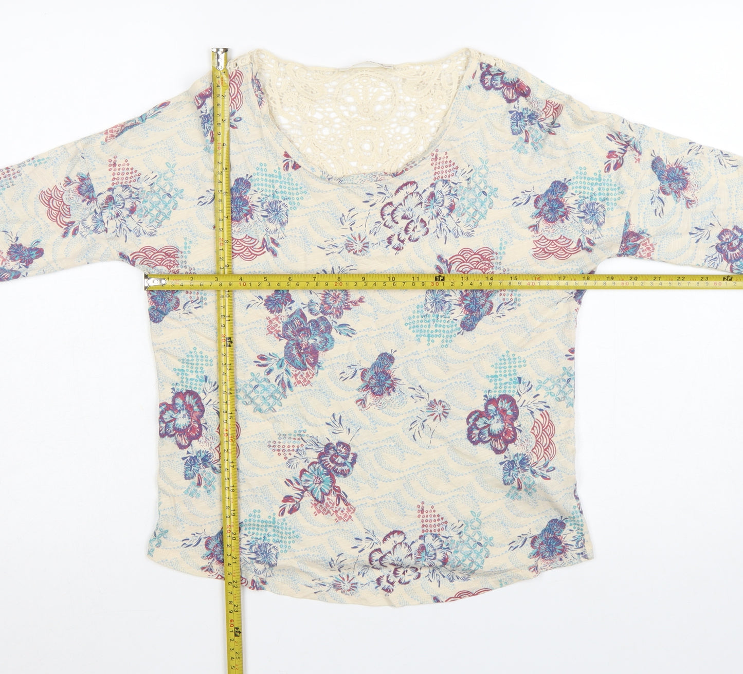 Marks and Spencer Women’s Beige Floral 3/4 Sleeve Crochet Tunic Top Size 10