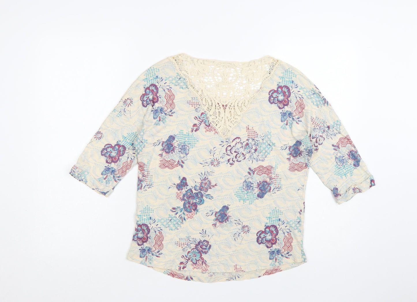 Marks and Spencer Women’s Beige Floral 3/4 Sleeve Crochet Tunic Top Size 10