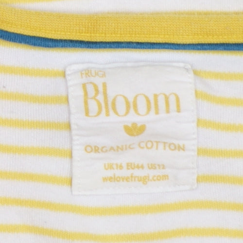 Frugi Women Yellow Striped Long Sleeve Henley Cotton Top Size 16