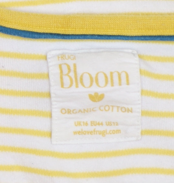 Frugi Women Yellow Striped Long Sleeve Henley Cotton Top Size 16