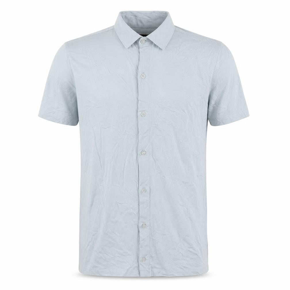 Front view of ASOS DESIGN Men's Grey Slim Fit Short Sleeve Button-Up Shirt, size S