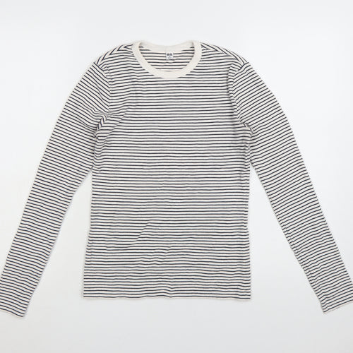Uniqlo Women Black White Striped Long Sleeve Crew Neck T-Shirt XS