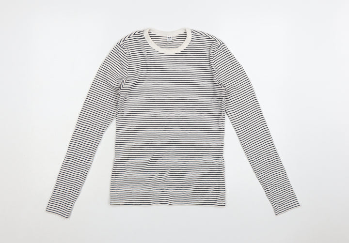 Uniqlo Women Black White Striped Long Sleeve Crew Neck T-Shirt XS