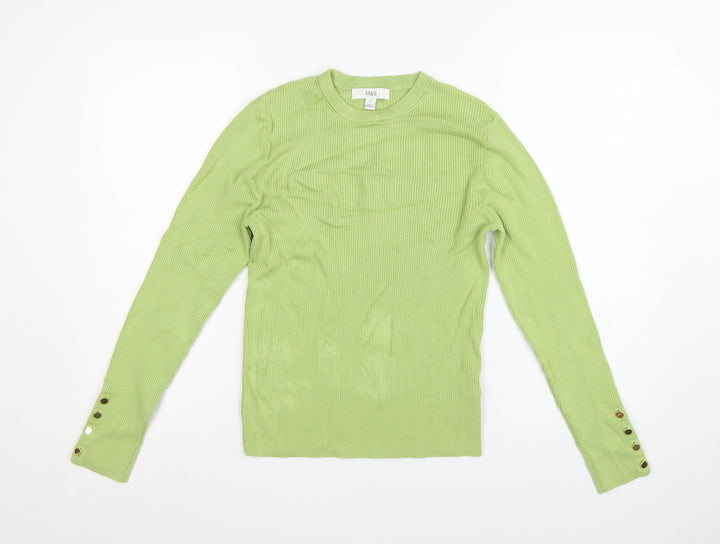 Marks and Spencer Womens Green Size 12 Ribbed Crew Neck Jumper