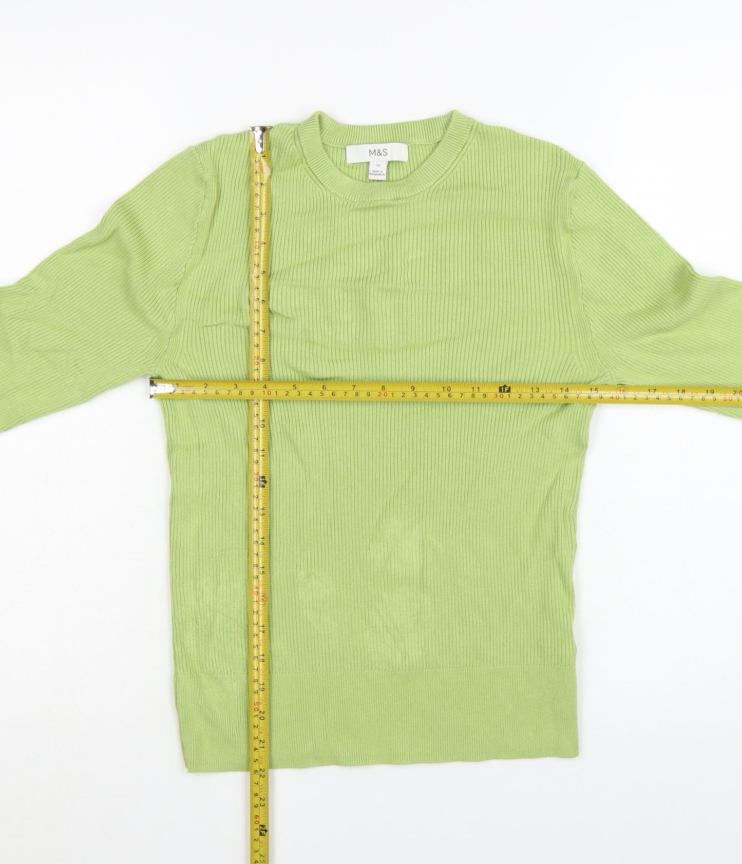Marks and Spencer Womens Green Size 12 Ribbed Crew Neck Jumper