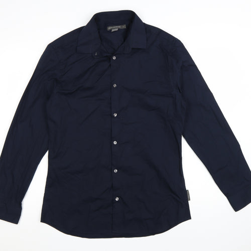 French Connection Men's Navy Long Sleeve Classic Cotton Blend Button-Up Shirt Size L