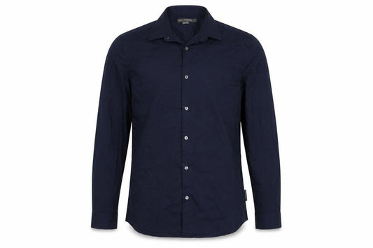 Front view of French Connection Men's Navy Long Sleeve Classic Cotton Blend Button-Up Shirt, size L